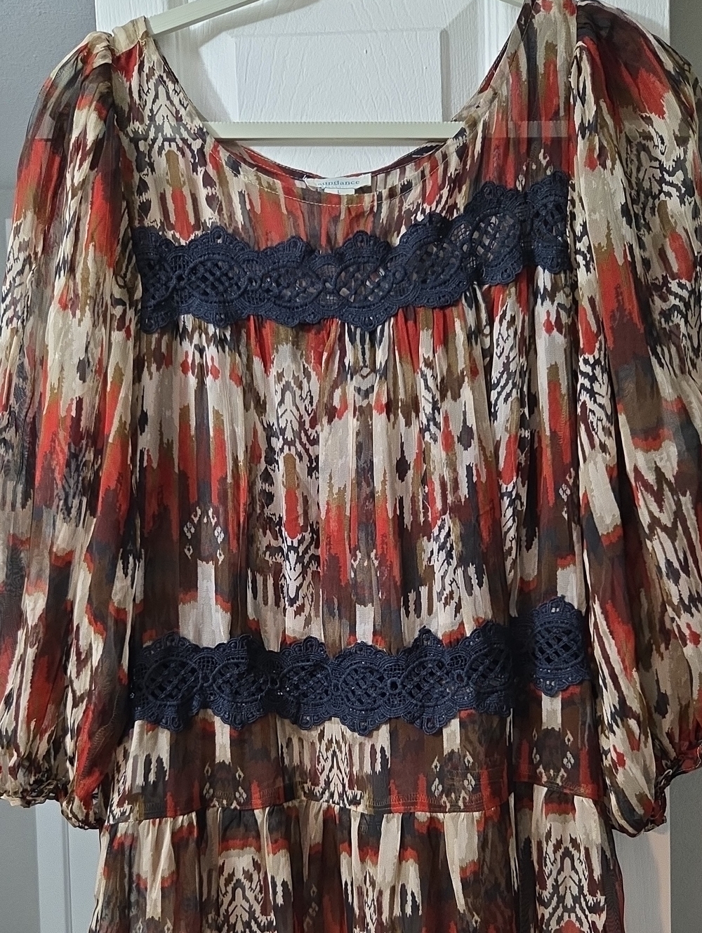 Sundance Multicolor Ikat Peasant Dress with Navy Crochet Trim